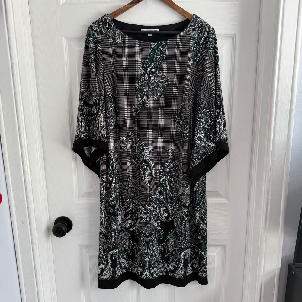 Studio One New York Womens 1X Paisley Plaid Shift Dress Teal Black 3/4 Sleeve